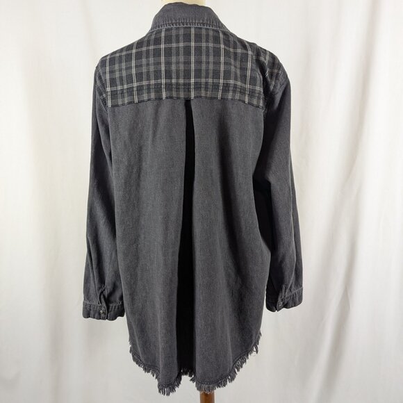 Ulla Popken Black Denim Flannel Snap Front Collared Shirt Raw Hem Plus Sz 16/18 - Picture 3 of 12
